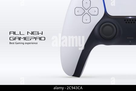 Videogame controller banner concept. Realistic vector game station gamepad with 5 buttons Stock Vector
