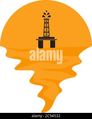 Vector of offshore oil platform on sea and sunset in background. Oil and gas company silhouette logo illustration design Stock Vector