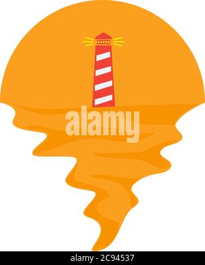 Vector of red lighthouse on sea and sunset in background. Maritime navigation company logo illustration design Stock Vector