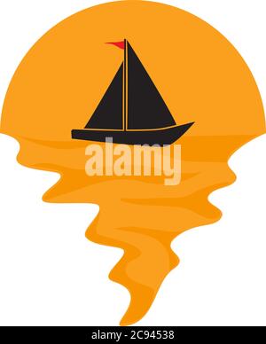 Vector of sailboat on sea and sunset in background. Sailing ship transportation company silhouette logo illustration design Stock Vector