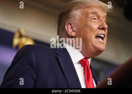 Washington, United States. 28th July, 2020. President Donald Trump holds a press briefing in the Brady Press Briefing Room of the White House on Tuesday, July 28, 2020 in Washington, DC. Photo by Oliver Contreras/UPI Credit: UPI/Alamy Live News Stock Photo
