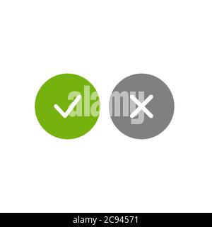 Set of check mark icons. White tick and cross in green and grey circles. Flat cartoon style. Vector illustration. Flat yes and no buttons. Stock Vector