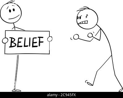 Vector cartoon stick figure drawing conceptual illustration of confident person facing aggressive angry violent man with belief sign in hands. Stock Vector