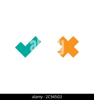 Set of check mark icons. squared blue tick and cross. Flat cartoon style. Vector validation illustration. Stock Vector