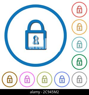 Locked padlock flat color vector icons with shadows in round outlines on white background Stock Vector