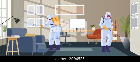 Home disinfection by commercial disinfecting services, surface treatment from pandemic coronavirus. Disinfectant workers wear protective mask and suit Stock Vector