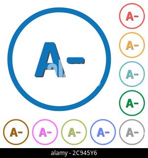 Decrease font size flat color vector icons with shadows in round outlines on white background Stock Vector