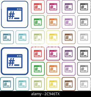 Linux root terminal color flat icons in rounded square frames. Thin and thick versions included. Stock Vector