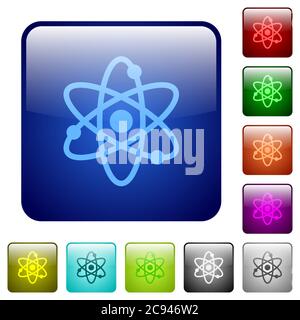 Atom icons in rounded square color glossy button set Stock Vector