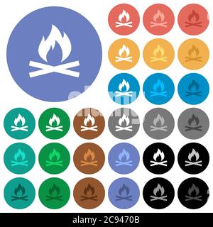 Camp fire multi colored flat icons on round backgrounds. Included white, light and dark icon variations for hover and active status effects, and bonus Stock Vector