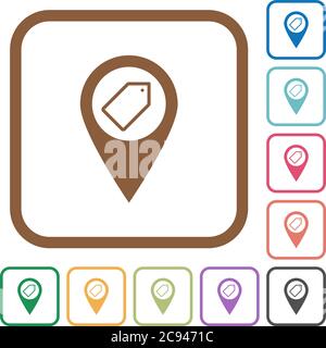 Tagging GPS map location simple icons in color rounded square frames on white background Stock Vector