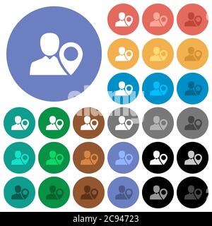 User location multi colored flat icons on round backgrounds. Included white, light and dark icon variations for hover and active status effects, and b Stock Vector