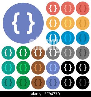 Programming code multi colored flat icons on round backgrounds. Included white, light and dark icon variations for hover and active status effects, an Stock Vector
