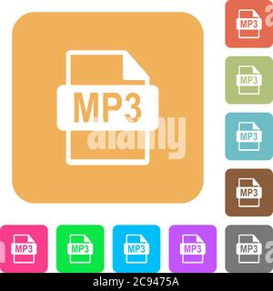 MP3 file format flat icons on rounded square vivid color backgrounds. Stock Vector