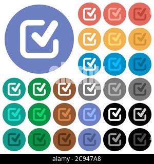 Checkmark multi colored flat icons on round backgrounds. Included white, light and dark icon variations for hover and active status effects, and bonus Stock Vector