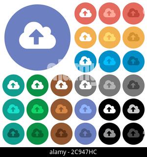 Cloud upload multi colored flat icons on round backgrounds. Included white, light and dark icon variations for hover and active status effects, and bo Stock Vector