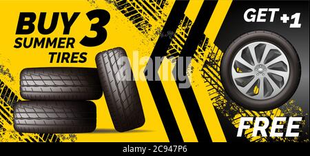 Car tires shop banner with discount offer, yellow background. Brochure template with automobile wheels sale ad, vector illustration Stock Vector