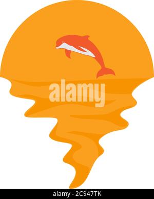 Vector of dolphin on sea and sunset in background. Dolphin jumping out of water company logo illustration design Stock Vector
