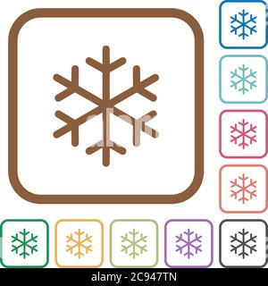 Single snowflake simple icons in color rounded square frames on white background Stock Vector