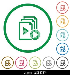 Start playlist flat color icons in round outlines on white background Stock Vector