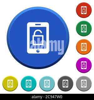 Smartphone unlock round color beveled buttons with smooth surfaces and flat white icons Stock Vector