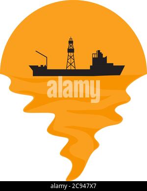 Vector of drillship on sea and sunset in background. Oil and gas company silhouette logo illustration design Stock Vector