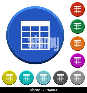 Spreadsheet table round color beveled buttons with smooth surfaces and flat white icons Stock Vector