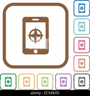 Mobile compass simple icons in color rounded square frames on white background Stock Vector