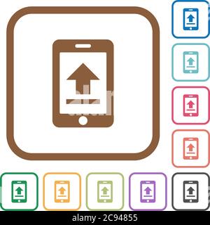 Mobile upload simple icons in color rounded square frames on white background Stock Vector