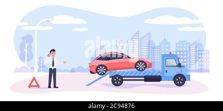 Roadside assistance concept. Broken car on tow truck and cartoon man calling emergency service, vector illustration in flat style Stock Vector