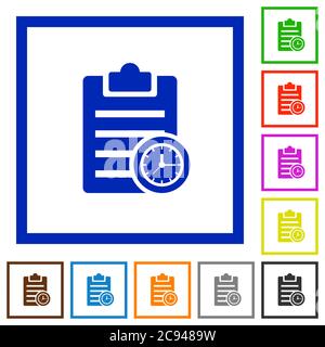 Note timer flat color icons in square frames on white background Stock Vector