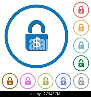 Locked Dollars flat color vector icons with shadows in round outlines on white background Stock Vector
