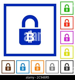 Locked Bitcoins flat color icons in square frames on white background Stock Vector