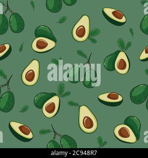Whole avocado with leaf and half an avocado, seamless pattern in vector Stock Vector