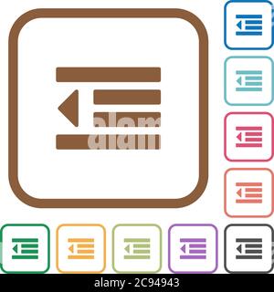 Decrease text indentation simple icons in color rounded square frames on white background Stock Vector