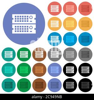Rack servers multi colored flat icons on round backgrounds. Included white, light and dark icon variations for hover and active status effects, and bo Stock Vector