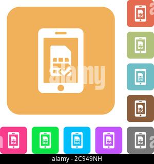 Mobile simcard accepted flat icons on rounded square vivid color backgrounds. Stock Vector