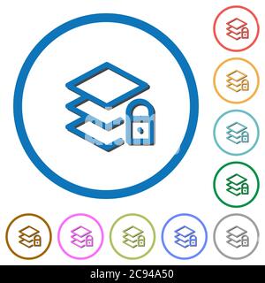 Locked layers flat color vector icons with shadows in round outlines on white background Stock Vector
