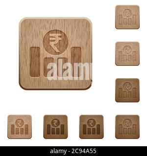 Indian Rupee financial graph on rounded square carved wooden button styles Stock Vector