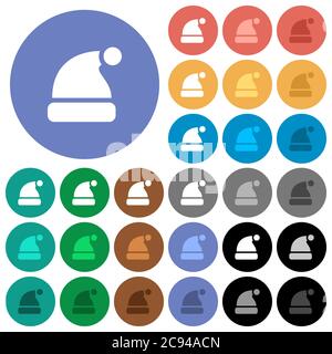 Santa hat multi colored flat icons on round backgrounds. Included white, light and dark icon variations for hover and active status effects, and bonus Stock Vector