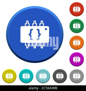Hardware programming round color beveled buttons with smooth surfaces and flat white icons Stock Vector