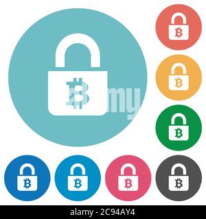 Locked Bitcoins flat white icons on round color backgrounds Stock Vector
