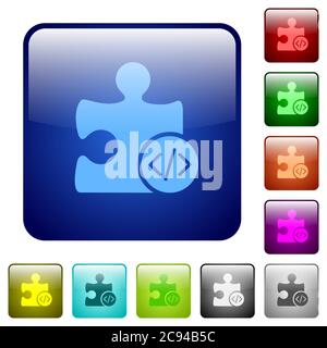 Plugin developing icons in rounded square color glossy button set Stock Vector