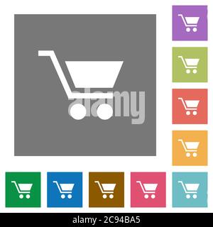 Empty shopping cart flat icons on simple color square backgrounds Stock Vector