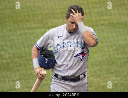 Washington, United States. 28th July, 2020. Toronto Blue Jays second baseman Joe Panik (2) reacts after striking out against the Washington Nationals in the second inning at Nationals Park on Tuesday, July 28, 2020 in Washington, DC. Photo by Kevin Dietsch/UPI Credit: UPI/Alamy Live News Stock Photo