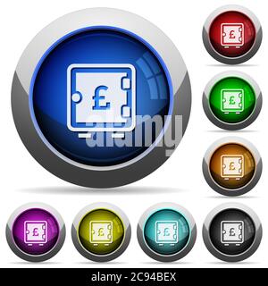 Pound strong box icons in round glossy buttons with steel frames Stock Vector