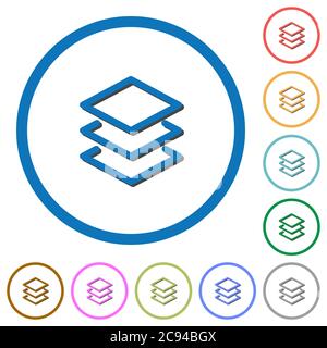 Layers flat color vector icons with shadows in round outlines on white background Stock Vector