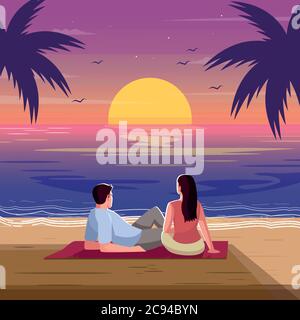 Romantic sunset semi flat vector illustration. Tropical beach. Woman and man watch waves. Palm trees on seascape. Couple on date in evening 2D cartoon Stock Vector