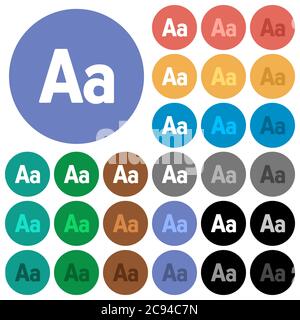 Font size multi colored flat icons on round backgrounds. Included white, light and dark icon variations for hover and active status effects, and bonus Stock Vector