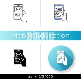 Mobile education icon. Linear black and RGB color styles. Remote internet school, online training classes. E learning, BYOD policy. Student holding sm Stock Vector
